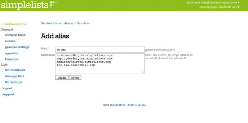 A screenshot of adding an alias in Simplelists