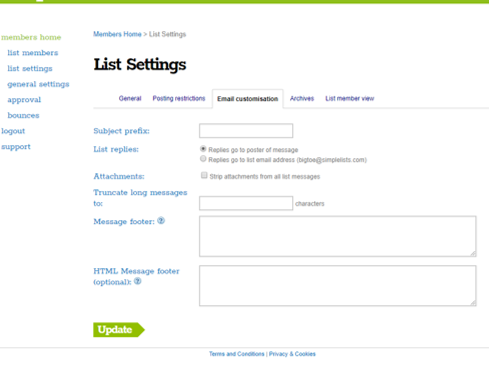 A screenshot of Simplelists list settings