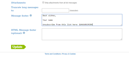 A screenshot of Simplelists list settings with plain text footer