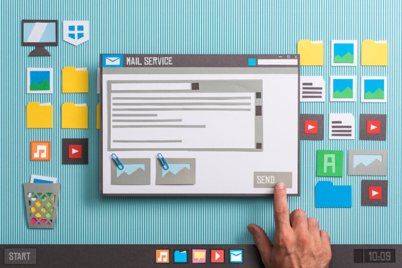 Paper cut-out screen showing benefits of a mailing list manager