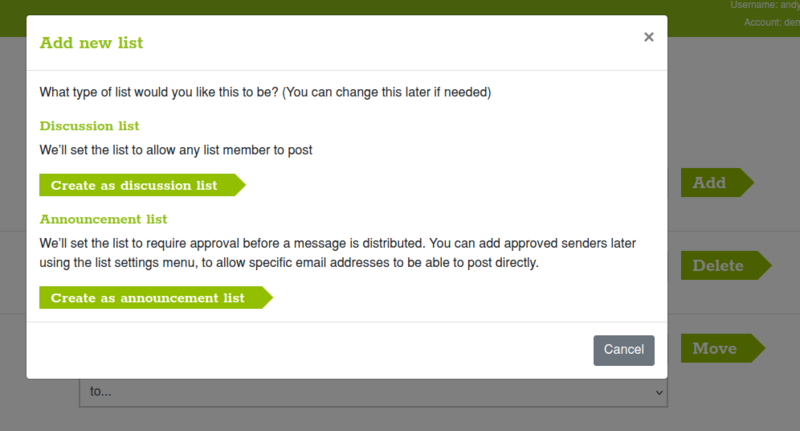 Create a discussion list in a Simplelists Multiple List account Screenshot of creating a discussion list