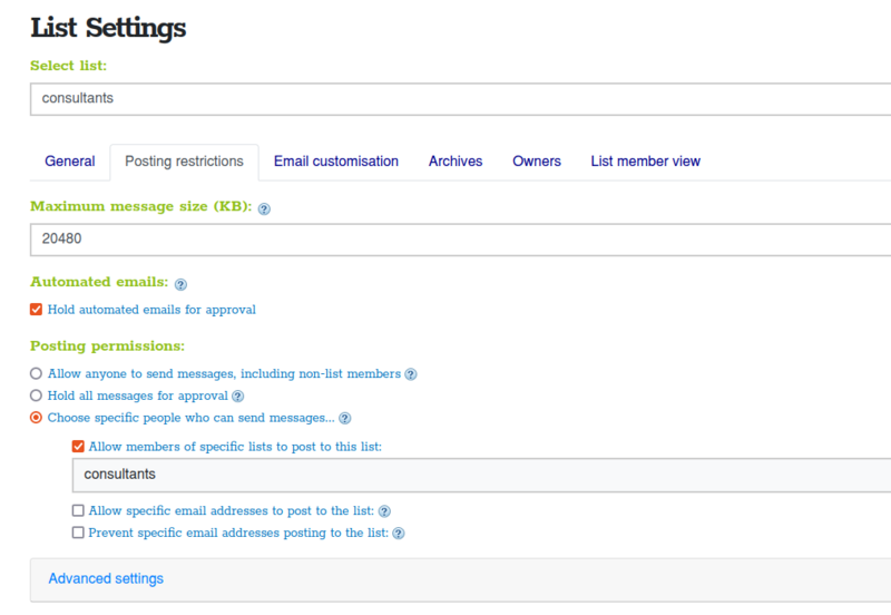 Configure advanced moderation options using the list settings menu Screenshot of changing list settings