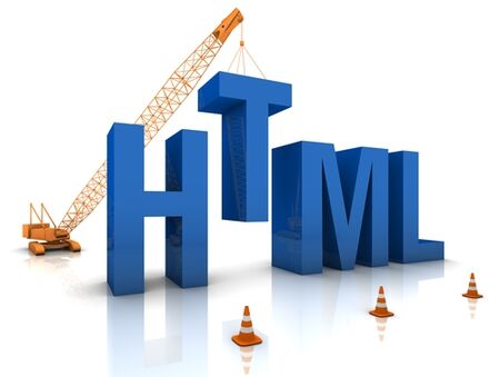 A graphic of large HTML letters with a crane moving the T